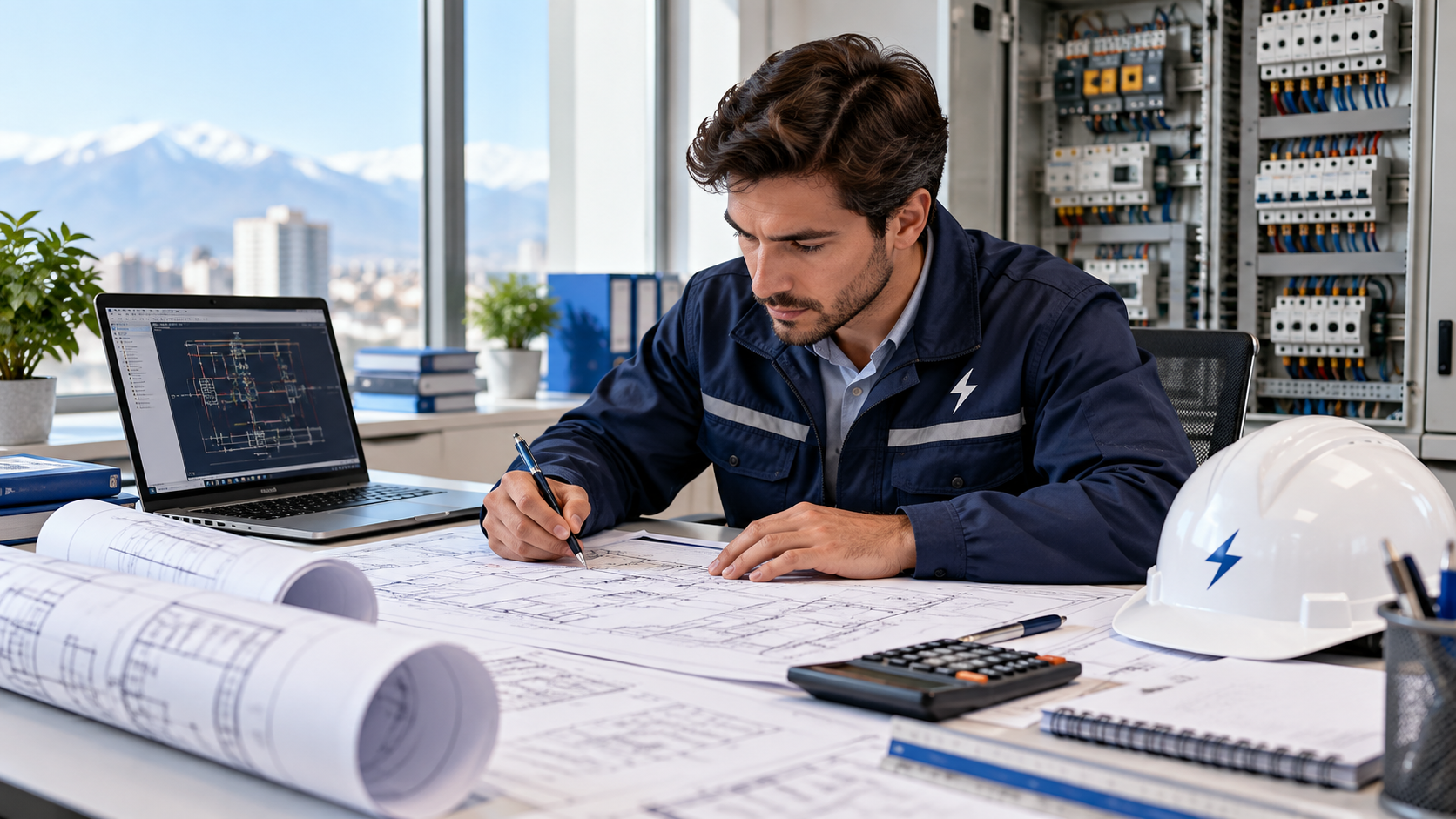 Profesional desarrollando proyecto eléctrico
